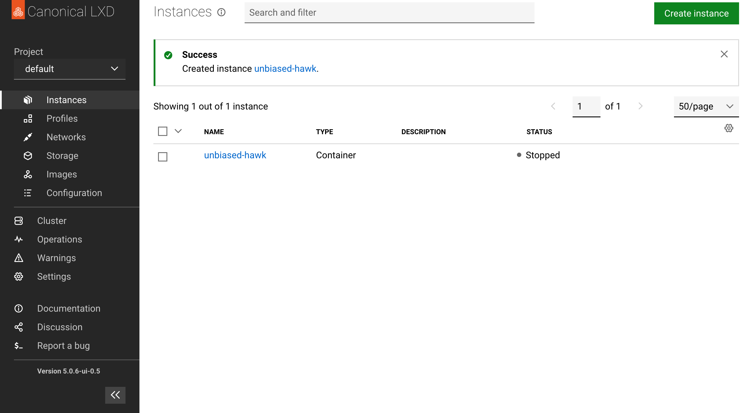 screenshot of lxd with a notification showing
